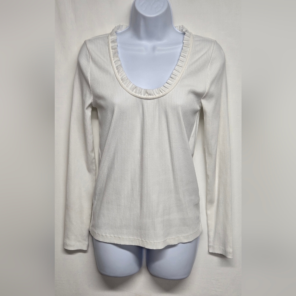 J. Crew S White Long Sleeve Ribbed Pullover Top Ruffled Neck Stretch